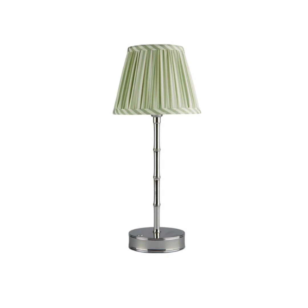 Rechargeable Bamboo Lamp with Sage Green Striped Shade