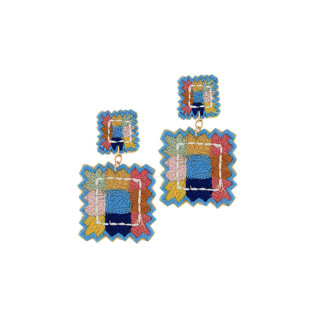 Embroidered Square Drop Earrings