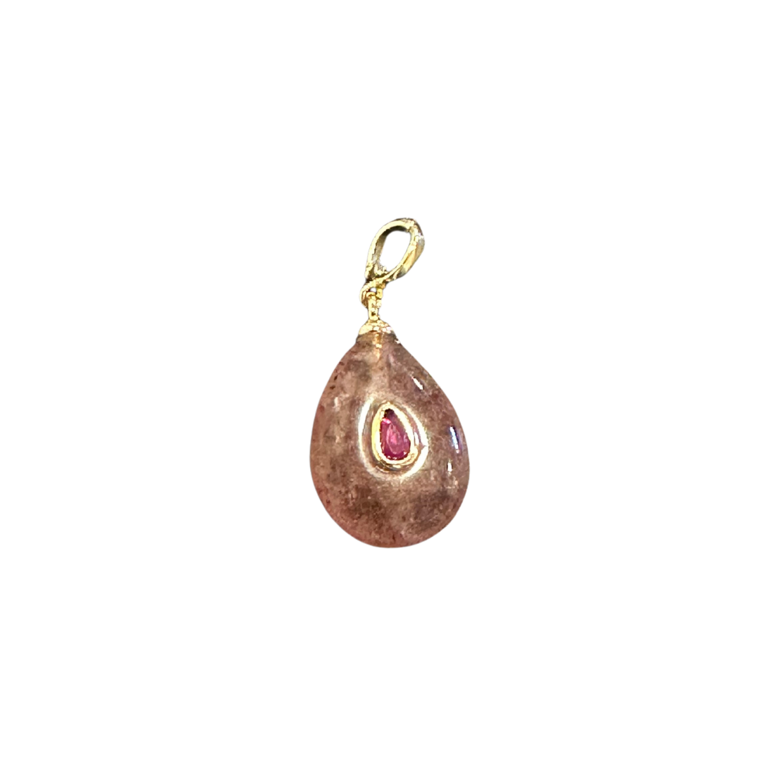 Pink Rhode Quartz with Ruby Teardrop Charm
