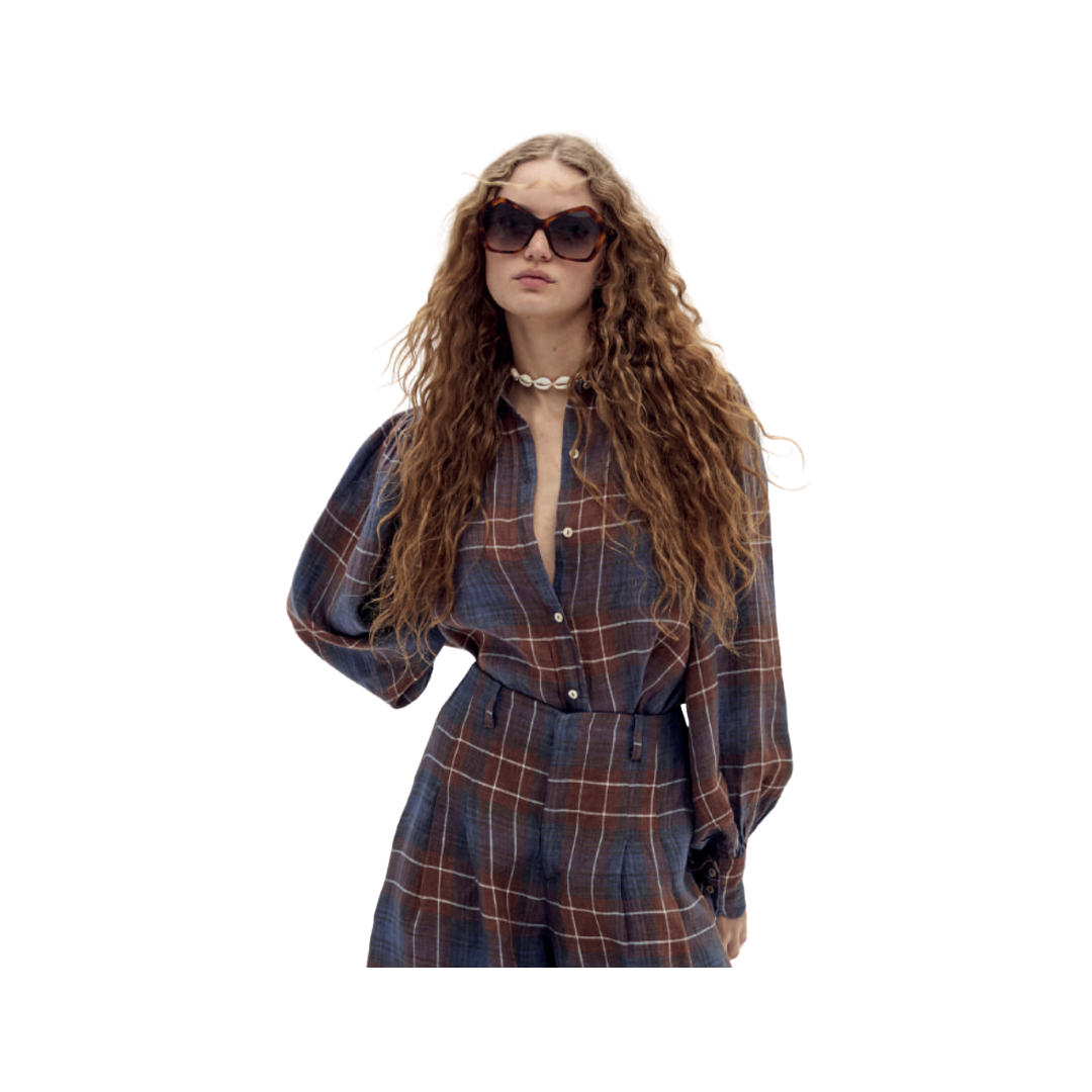 Camille Linen Shirt in Forest Checks